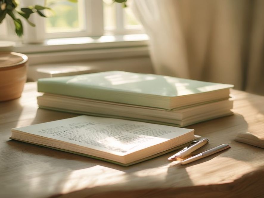 Vejledningsmaterialer og notesblokke på et bord