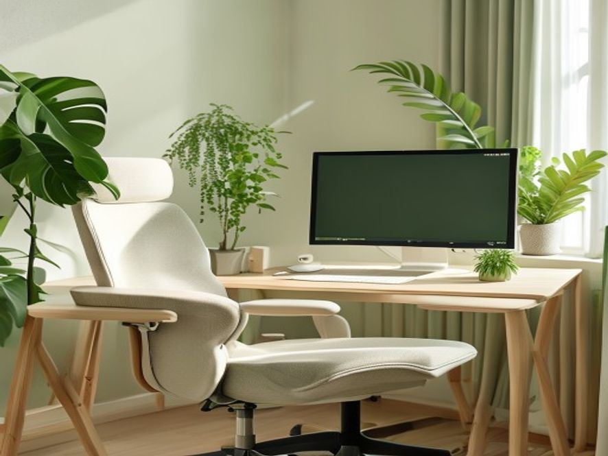 Ergonomisk arbejdsplads med ordenlige møbler og grøne planter